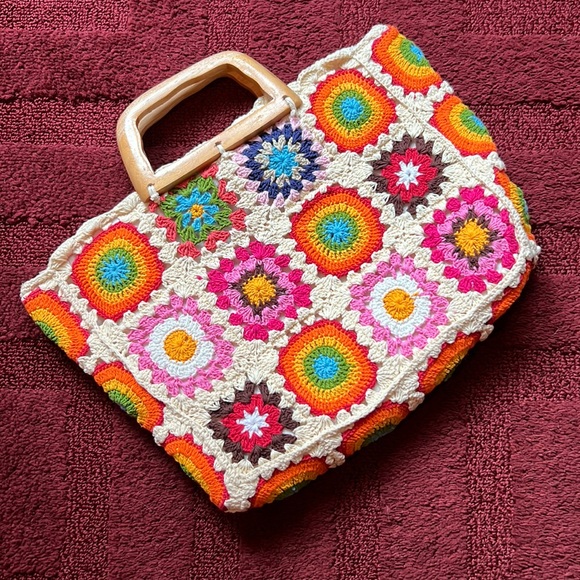 Handbags - New Patchwork Crochet Handbag w/ Wood Handles